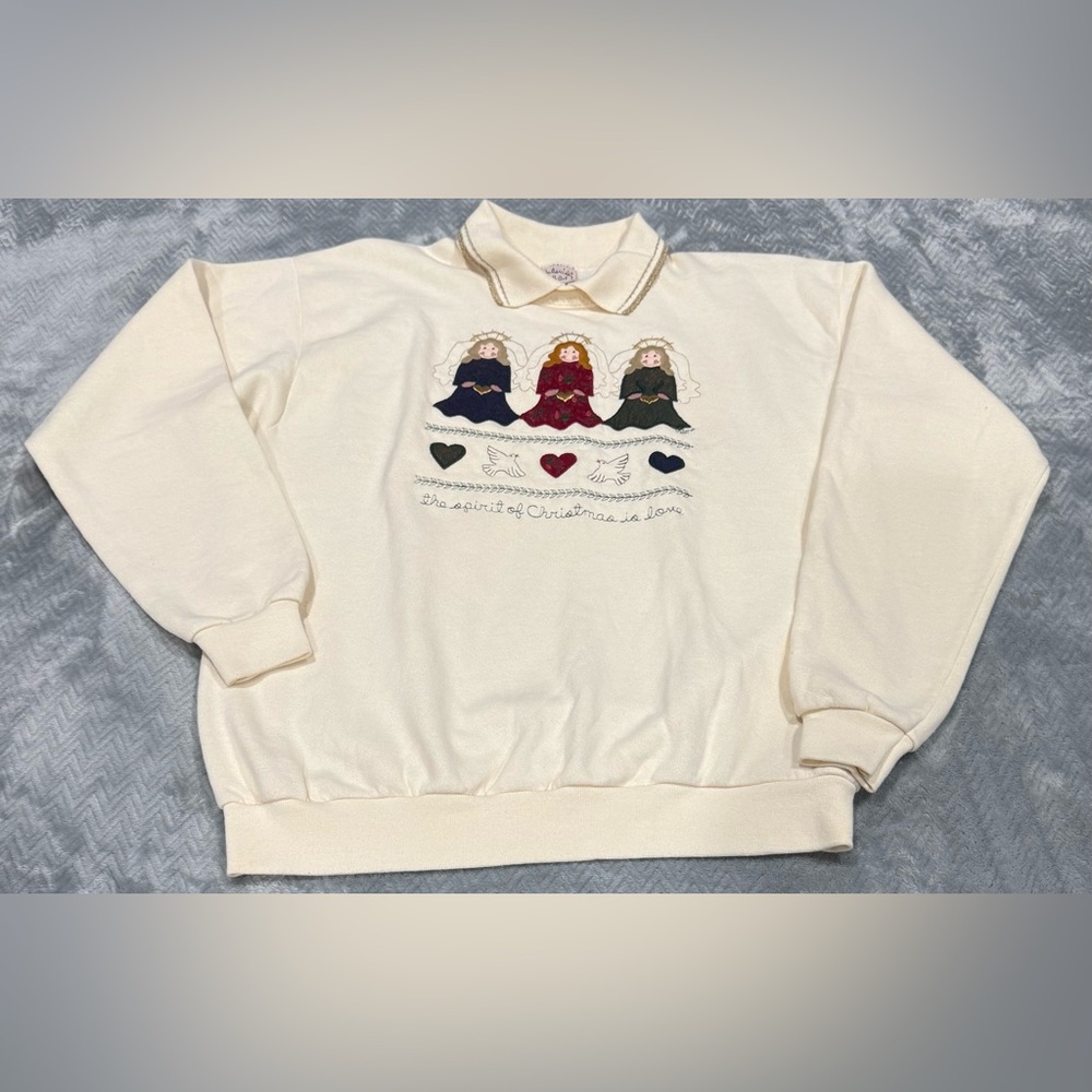 Valorie’s  Folk art  appliqué vintage angels Christmas crewneck pullover